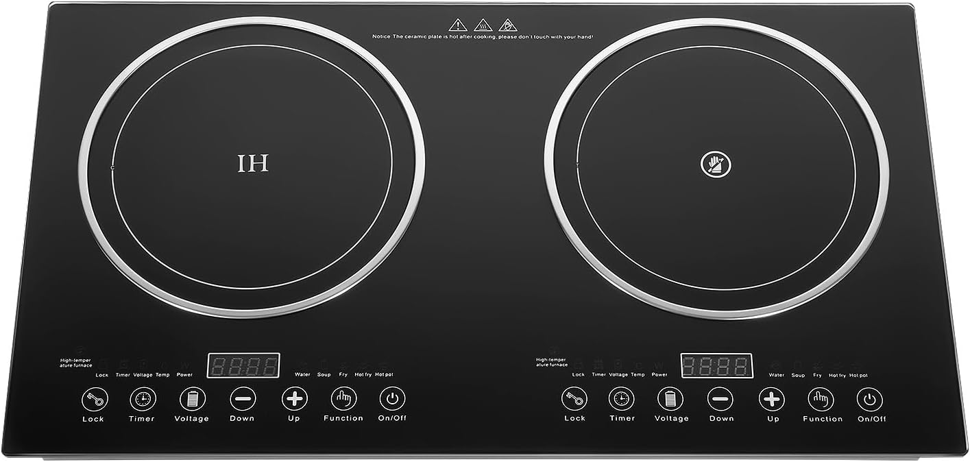 Double Induction Cooker with 2 Burners, 1200W Electric Burner Cooker, Tempered Glass Induction conduction cooktop, Dual Induction Cooktop Counter Top Burner, Independent Control Multiple Power Levels
