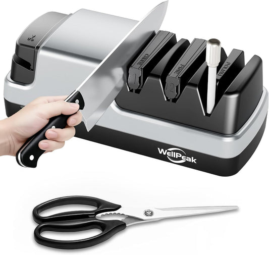 WELLPEAK Multifunctional 4-Stage Electric Knife & Scissor Sharpener, Diamond Abrasive for Straight Edge Chef Knives, Detachable Ceramic Hone Rod for Serrated Knives Polishing