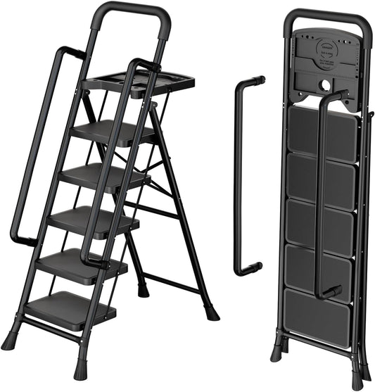 5 Step Ladder with Platform,Step Tool Support 330lbs Load,Folding Step Stool with Detachable Handrail,Wide Pedal,Safety Locking,Portable Stepladders Used for Adult/Painting/Home/Outdoor/Garage