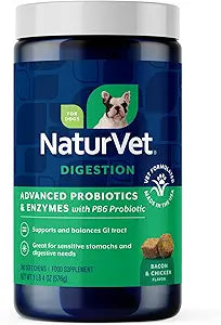 NaturVet Advanced Probiotics & Enzymes, PB6 Dog Soft Chews to Help Sensitive Stomachs and Digestive Issues, Hickory Smoked Bacon Flavored Pet Supplement for Dogs Over 6 Weeks, 240 Count Jar