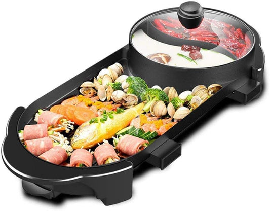SEAAN Hot Pot with Grill, Korean BBQ Grill Indoor Hotpot Pot Electric Combo, Shabu Shabu Pot with Divider KBBQ Grill Smokeless Non-stick Separate Dual Temperature Control, for 2-12 People, 110V
