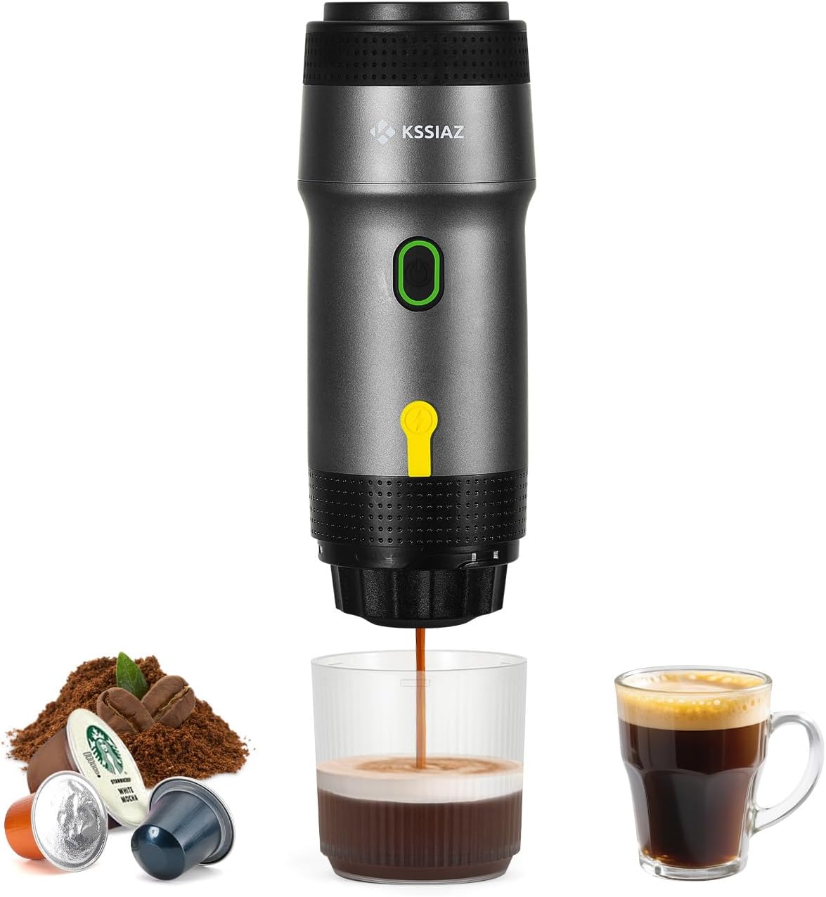 Kssiaz Portable Espresso Machines, Electric Espresso Maker with Self-Heating, USB-C & Car Charger, 20 Bar Mini Coffee Maker With NS Capsule & Ground Coffee for Camping, Hiking, Travel, Office, Blcak