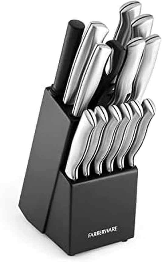 FARBERWARE 15-Piece Kitchen Knife Set with High-Carbon Stainless Steel Blades, Black Handles, Steak Knives, Wood Block, Razor Sharp and Ergonomic