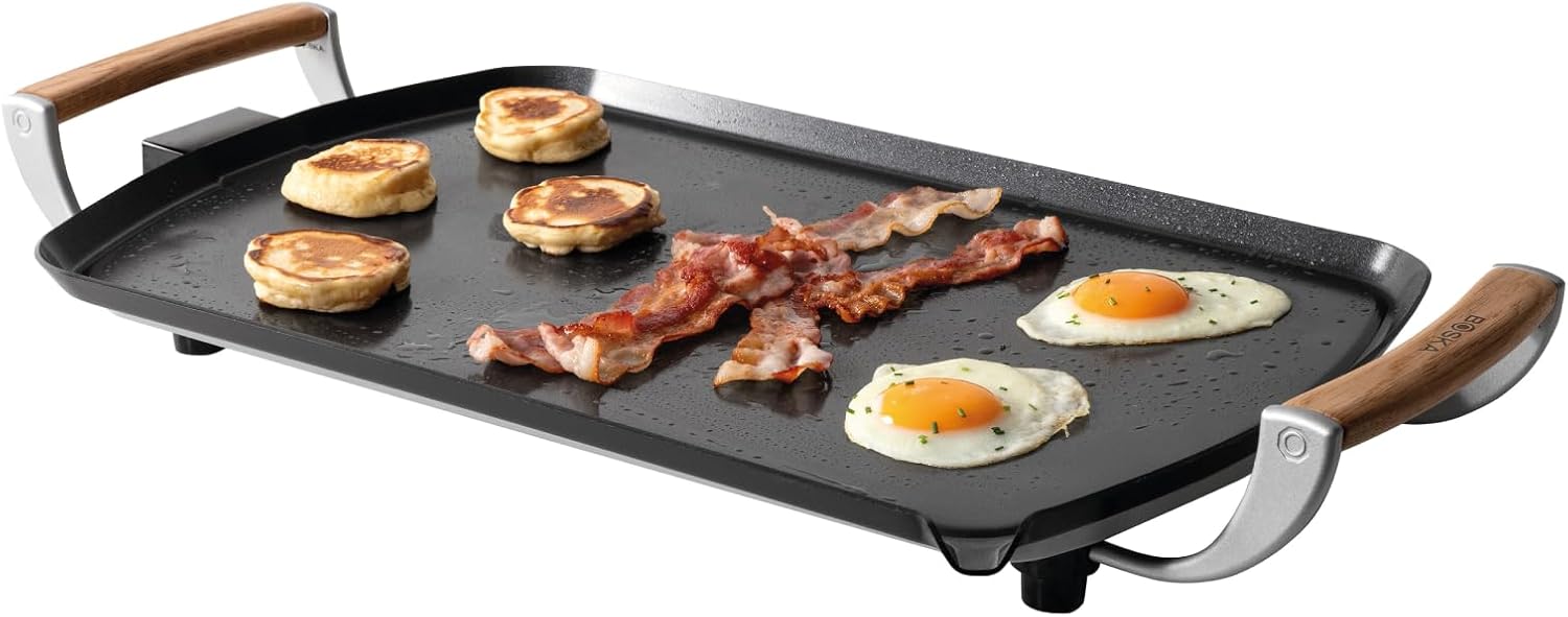 BOSKA Electric Griddle Pro – Tabletop griddle - Electric grill with PFAS-Free Ceramic Nonstick Surface – Adjustable Heat up to 420°F -Oak Wood Handles