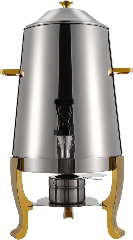 13L Hot Beverage Dispenser, Stainless Steel Coffee Urn w\/Electric Heating Board & Fuel Tray, Commercial Insulated Beverage Dispenser for Hotel Buffet & Event Catering (Silver&Gold\/Electric Heating)