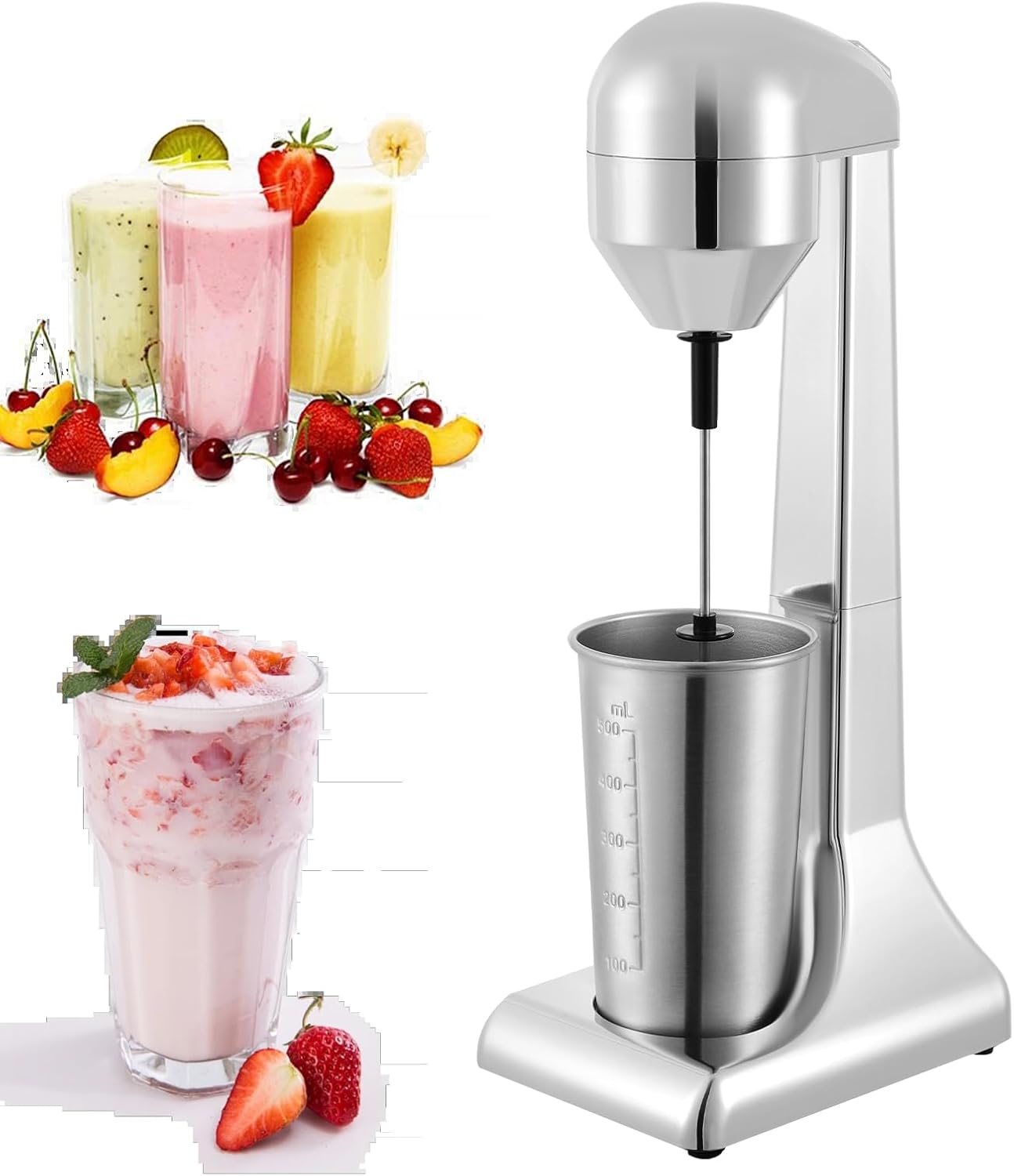 Milkshake Maker, Stainless Steel Electric Drink Mixer, 100W Classic Milkshake Machine, 2 Speed, with 500ml Cup, Silver for Milk Tea Stores Restaurants