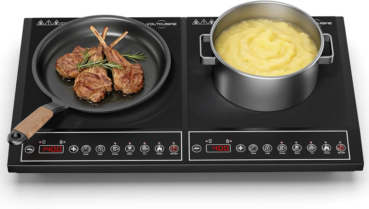 24 Inch Double Induction Cooktop, Button Control, 1800W Power Sharing, Low Power Continuous Heating, Portable Countertop Electric Cooker