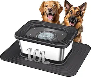 Decflow 10L Stainless Steel Dog Water Bowl, No Spill Anti-Splash Dog Bowls with XXL Silicone Mat, Spill-Proof Slow Feeder for Messy Drinkers, Heavy Duty Pet Bowls for Indoor/Outdoor Use Black