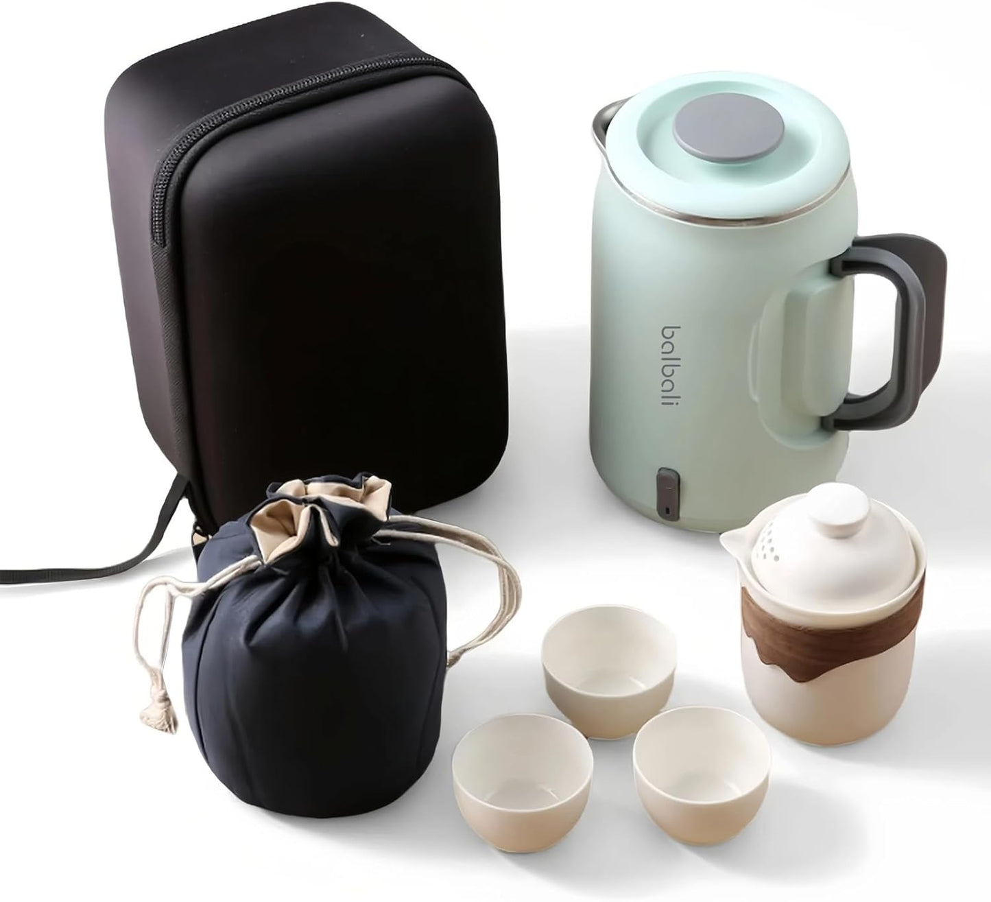 Complete Travel Tea Set with Mini Electric Kettle 0.6L, Hardshell Case for Portable Travel Hot Water Boiler, Teapot with Strainer, Cups and Protect Bag for Home, Office, and Camping Green