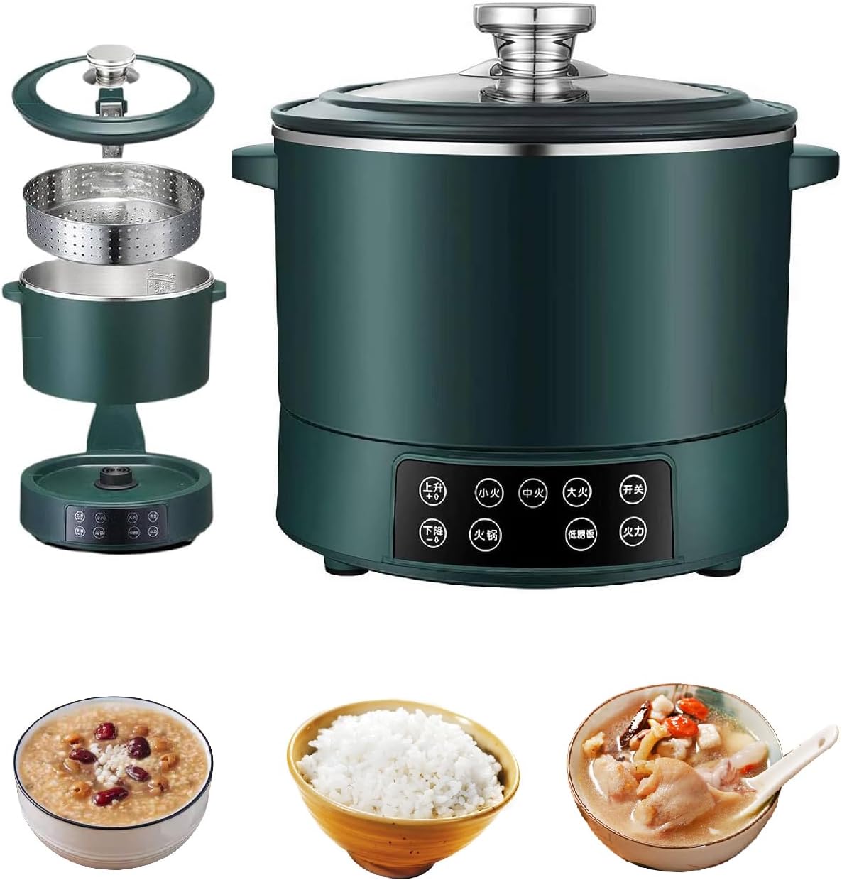 3 L Lifting Sugar Removal Rice Cooker,Multifunction 5 Speed Adjustable Hot Pot Non-Stick Pan& Rice Soup Separate Electric,With Steamer Basket,Rapid Heating For Family Use (Green)