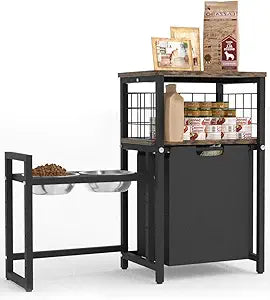 30.6Long x 26.2 High Elevated Dog Bowl Stand with Pet Food Storage Organizer, Adjustable Raised Feeding Station with Toy Basket for Large Medium Small Dogs and Cats, Black