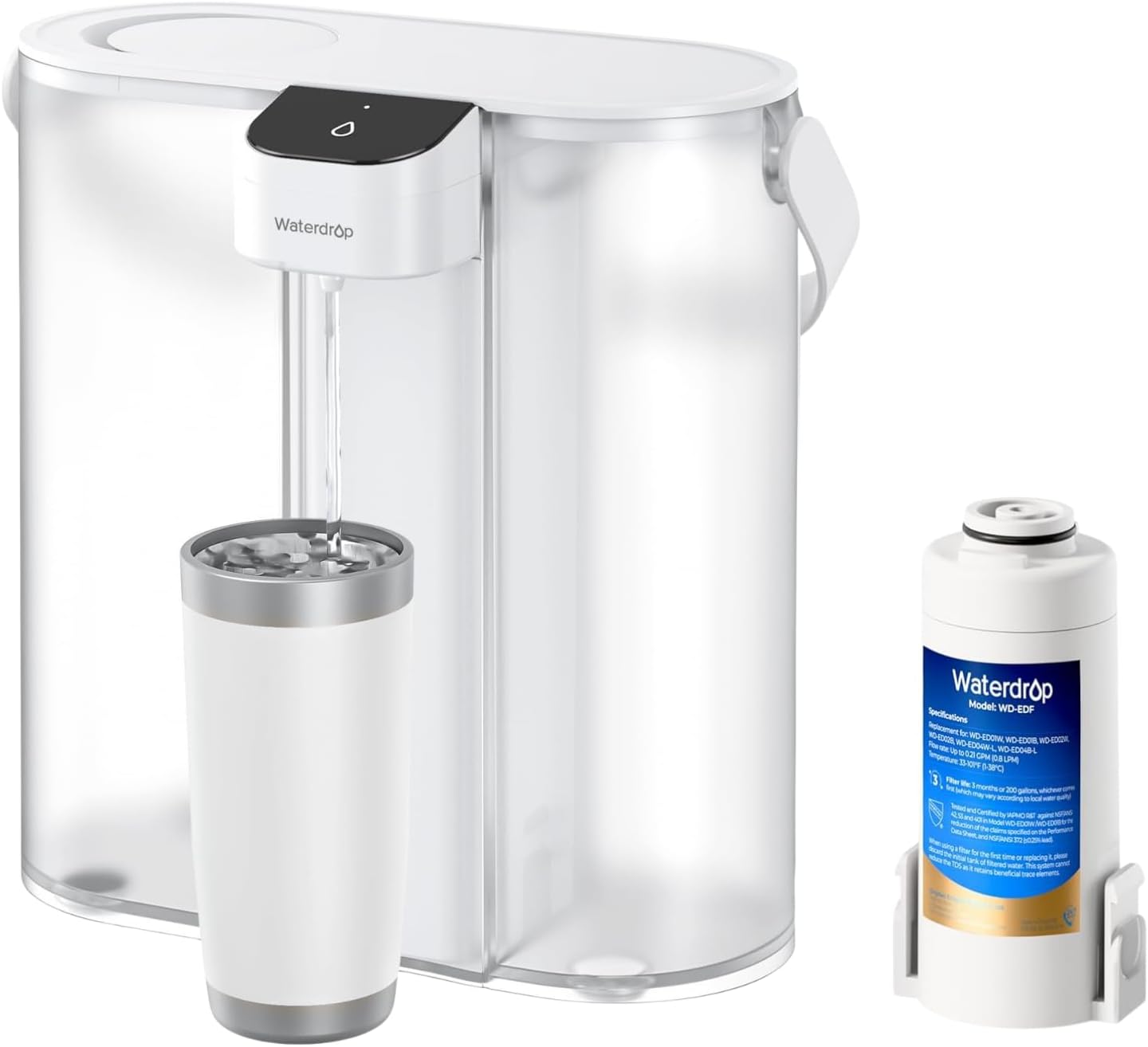 Waterdrop Compact Electric Water Filter Pitcher, 200-Gallon Rechargeable Instant Powerful Dispenser, NSF\/ANSI 42&53&401, Reduce PFOA\/PFOS, Lead, Chlorine, 14-Cup, White, with 1 Filter, NOT Reduce TDS