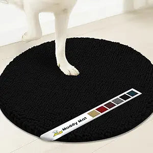 Muddy MatÂ® Shown on TV â€“ Super Absorbent Microfiber Dog Door Mat for Muddy Paws, Non-Slip Washable Pet Rug, Quick Dry Chenille Entryway Carpet, Machine Washable Indoor Outdoor Mat, Black Round 6ft