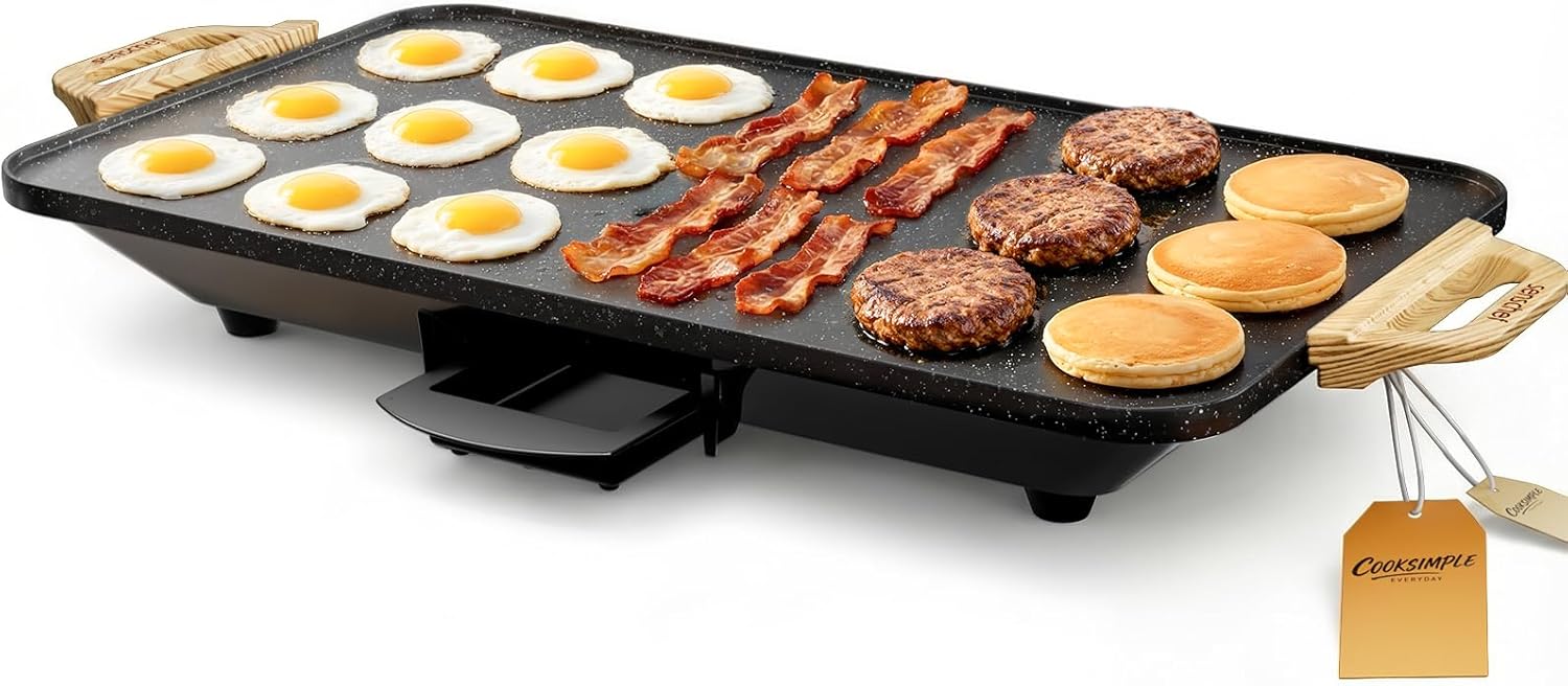 SENSCHEF CookSimple Everyday 20"x12" Electric Griddle\u20131700W Nonstick ILAG Granite Surface, Large Flat Design, Perfect for Family Meals, Pancakes&Eggs, Fast Even Heating, Easy to Clean, Granite Black