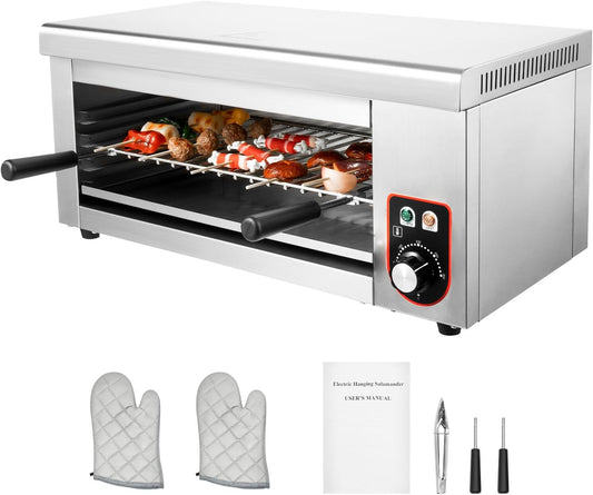 Electric Cheese Melter 1500W Commercial Salamander Broiler Stainless Steel Steak Broiler 120-570°F Time Temperature Adjustable for Beef Chicken Vegetables 110V US