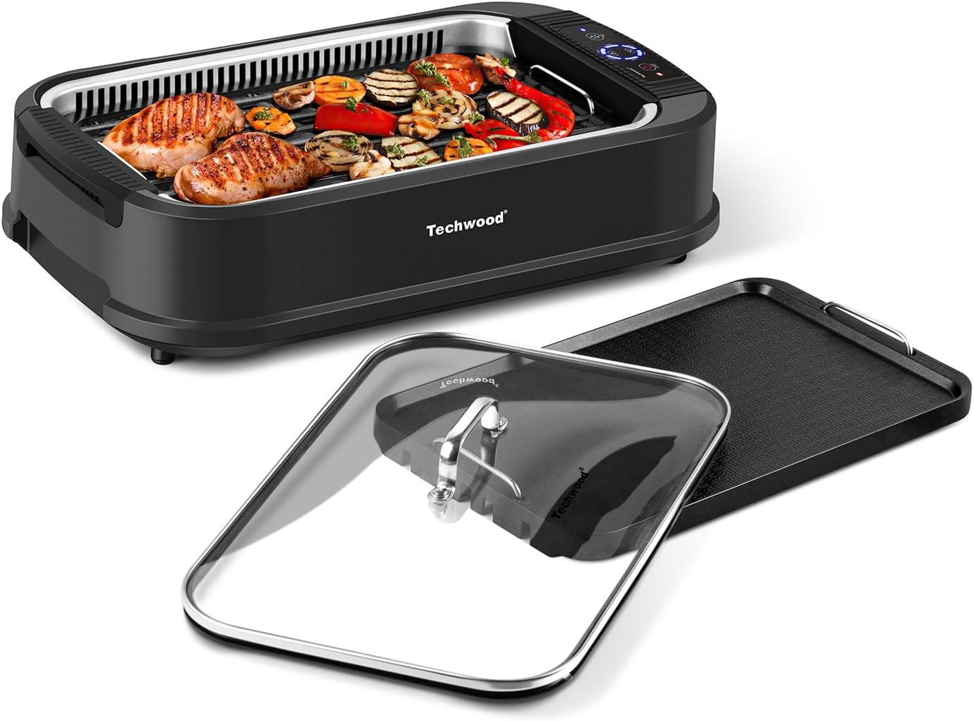 Techwood Indoor Grill Smokeless Grill, Electric Korean BBQ Grill with Glass Lid, Turbo Smoke Extractor Technology, Dishwasher-Safe Drip Tray & Nonstick Grilling Removable Plate, Black, 1500W