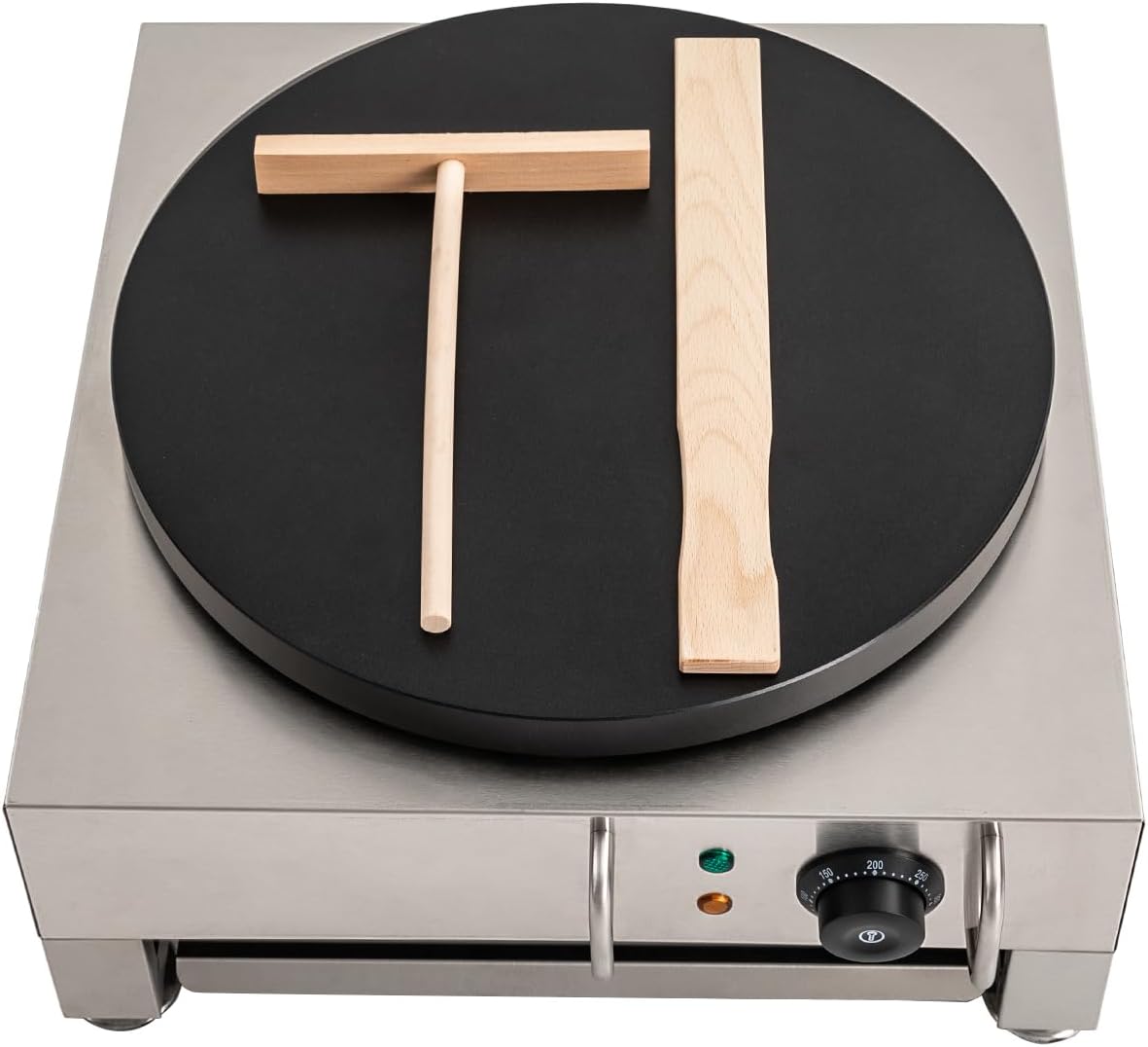 Commercial Electric Crepe Maker Machine, 16 Inch Non-Stick Large Griddle Machine with Adjustable 50-300℃, 1650W 110V Stainless Steel Surface Pancake Maker with Wooden Spreader for Kitchen