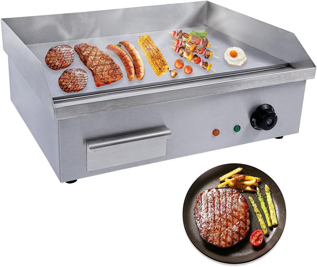 22" Commercial Electric Griddle, 110V 3000W Electric Countertop Griddle Non-Stick Stainless Steel Flat Top Grill for BBQ Teppanyaki Cooking with Adjustable Temperature Control 122°F-572°F