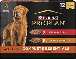 Purina Pro Plan Complete Essentials Wet Dog Food Chicken and Rice Entree and Beef and Rice Entree Variety Pack - (Pack of 12) 13 oz. Cans