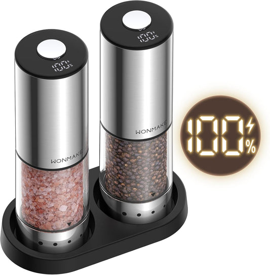 Electric Salt and Pepper Grinder Set, Stainless Steel Salt and Pepper Shakers with Storage Base, Type-C Rechargeable with Power Display, 5 External Coarseness Levels for Easy One-Hand Operation