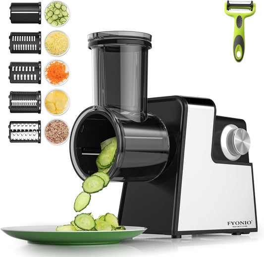 FYONIO Electric Cheese Grater, 5 in 1 Salad Maker with Stainless Steel Blades, 350W Electric Slicer Shredder\/Slicer, Electric Salad Machine for Cheeses, Fruits, Vegetables