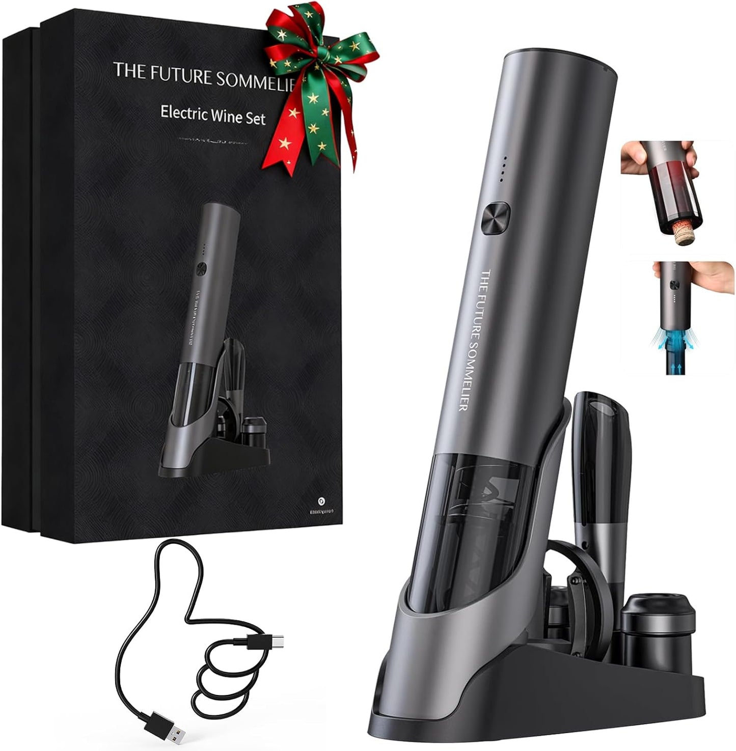 CIRCLE JOY Rechargeable Electric Wine Bottle Opener Set 7-in-1 Aluminum Alloy Wine Gift Set with 2-in-1 Electric Corkscrew & Vacuum Pump, Foil Cutter, Wine Pourer, Charging Base and 2 Wine Stoppers