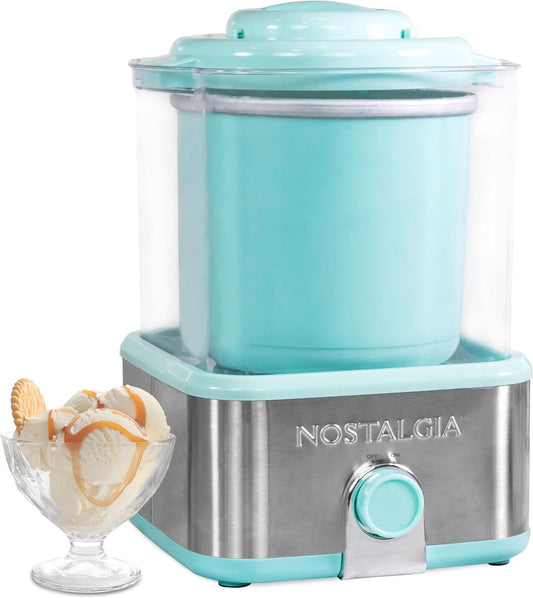 Nostalgia Electric Ice Cream Maker with 2-Qt Double Insulated Gel Canister & Stainless Steel Base - Makes Sorbet, Soft Serve, and Frozen Yogurt - Aqua