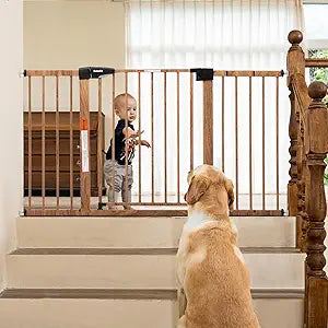 Babelio Metal Auto Close Baby Gate PressGuard P7, 29"-55" Wide Extra Wide Pet Gate for The House and Doorways, Pressure Mounted Walk Thru Child Gate with Door, Brown Wood Pattern