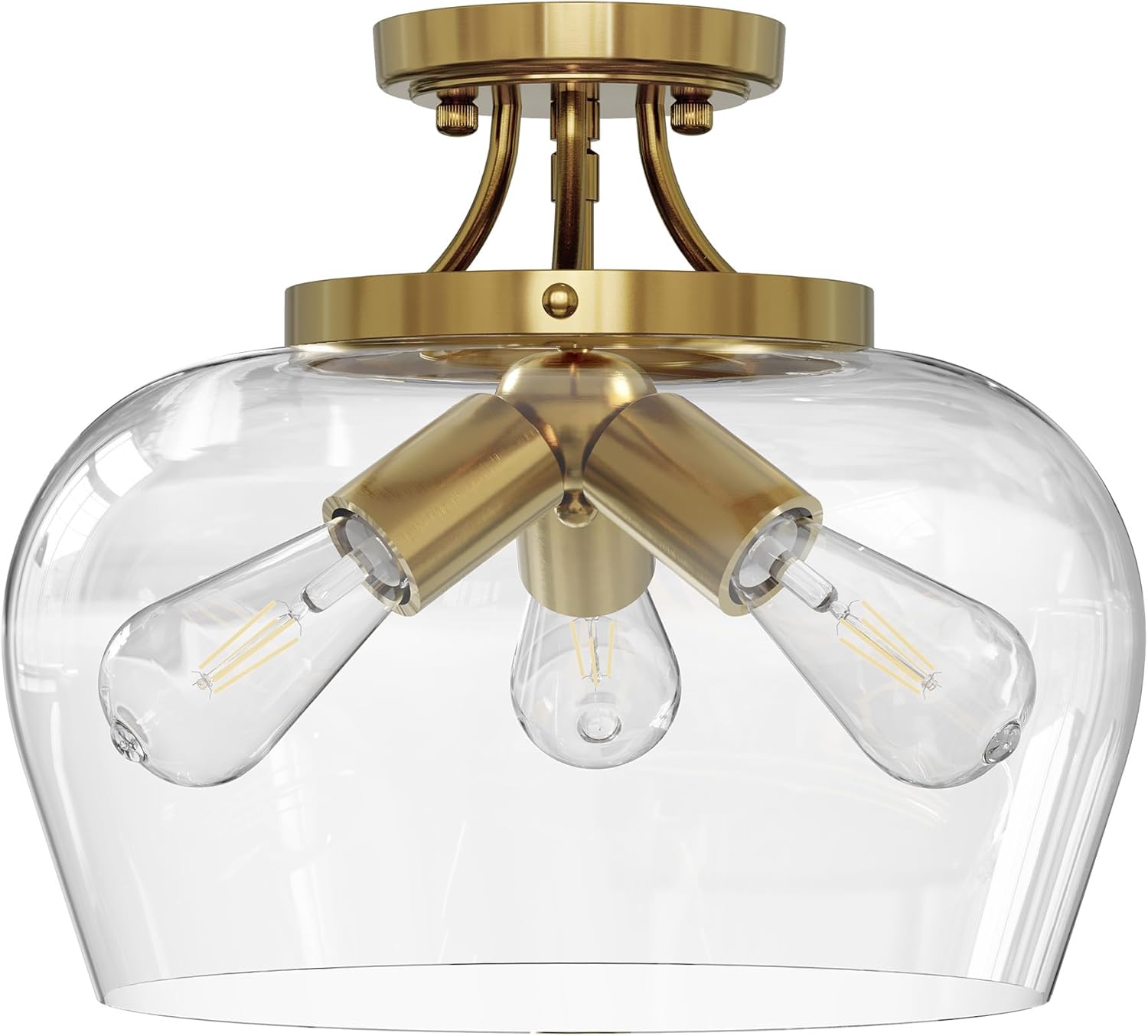 VONLUCE Semi Flush Mount Ceiling Light, 13.8" Ceiling Light Fixture with Clear Glass Shade, E26 Base, 3-Bulb Industrial Ceiling Light for Hallway Entryway Kitchen Bedroom, Brushed Gold