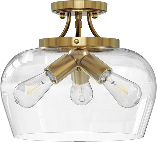 VONLUCE Semi Flush Mount Ceiling Light, 13.8" Ceiling Light Fixture with Clear Glass Shade, E26 Base, 3-Bulb Industrial Ceiling Light for Hallway Entryway Kitchen Bedroom, Brushed Gold