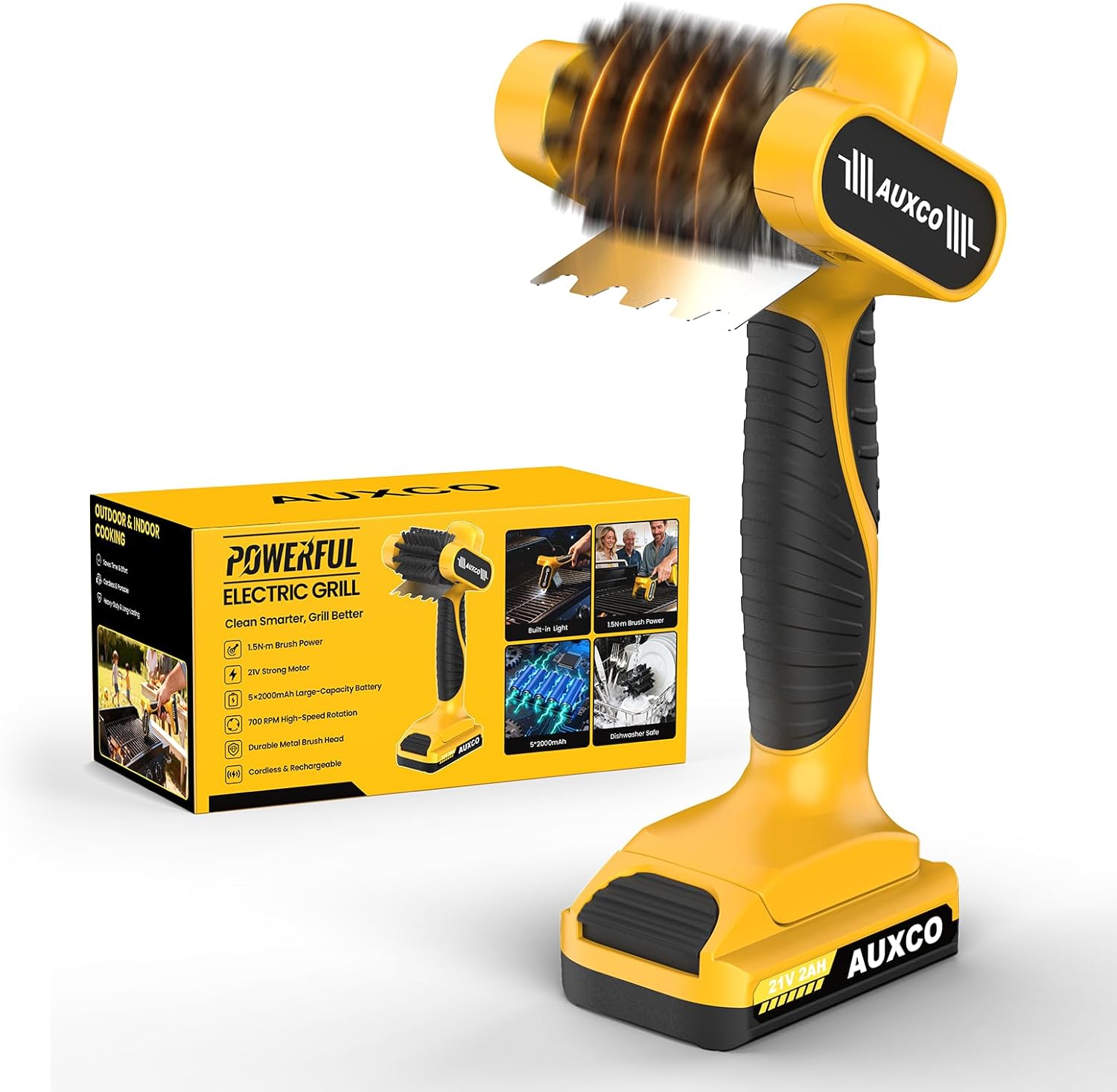 21V Electric Grill Brush, 700RPM Cordless BBQ Cleaner with 1.5Nm Torque, Stainless Steel Bristles, Dishwasher Safe, Rechargeable Grill Cleaning Tool for Gas, Charcoal Grills，with LED Light