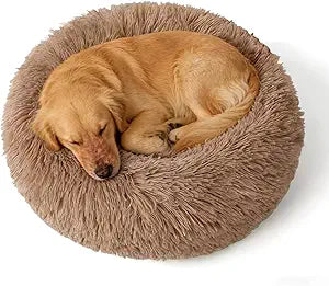 Calming Donut Dog Beds Large Sized Dog - Washable Removable Cover Non-Slip, Round Pet Bed Warming Fluffy Plush Faux Fur Anti-Anxiety Thick Cushion, Fits up to 80 lbs (Camel, 36")