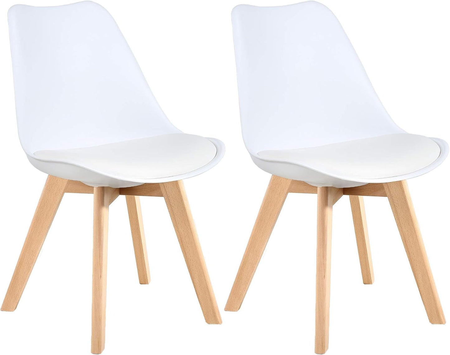 LSSBOUGHT Mid Century Modern Dining Chairs,Shell Lounge Plastic Side Chair with Soft Padded and Wooden Legs for Dining Room Living Room Bedroom Kitchen Set of 2 (White)