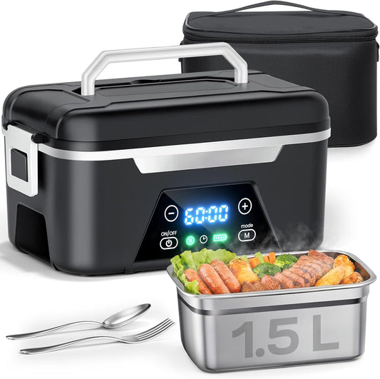 ISNIKA Cordless Heated Lunch Box For Adults, 1.5L (6 Cups) Rechargeable Electric Lunch Box Battery Powered With Scheduled Heating, Automatic Heating,Portable Food Warmer With Insulated Bag (Black)