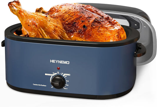 26Qt Turkey Roaster Oven Buffet with Self-Basting Lid, 1450W Electric Roaster Oven with Cool-Touch Handles, with Removable Pan and Rack, Blue