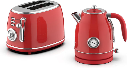 MegaChef 1.7 Quart Electric Tea Kettle and 2 Slice Toaster Combo (Red)