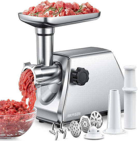 AIRMSEN Electric Meat Grinder & Mincer \u2013 Heavy Duty Professional Stainless Steel Sausage Maker & Stuffer with 3 Plates, 2 Stainless Blades & Kubbe Kit \u2013 Fast, Quiet, Easy to Clean for Home Kitchen Use