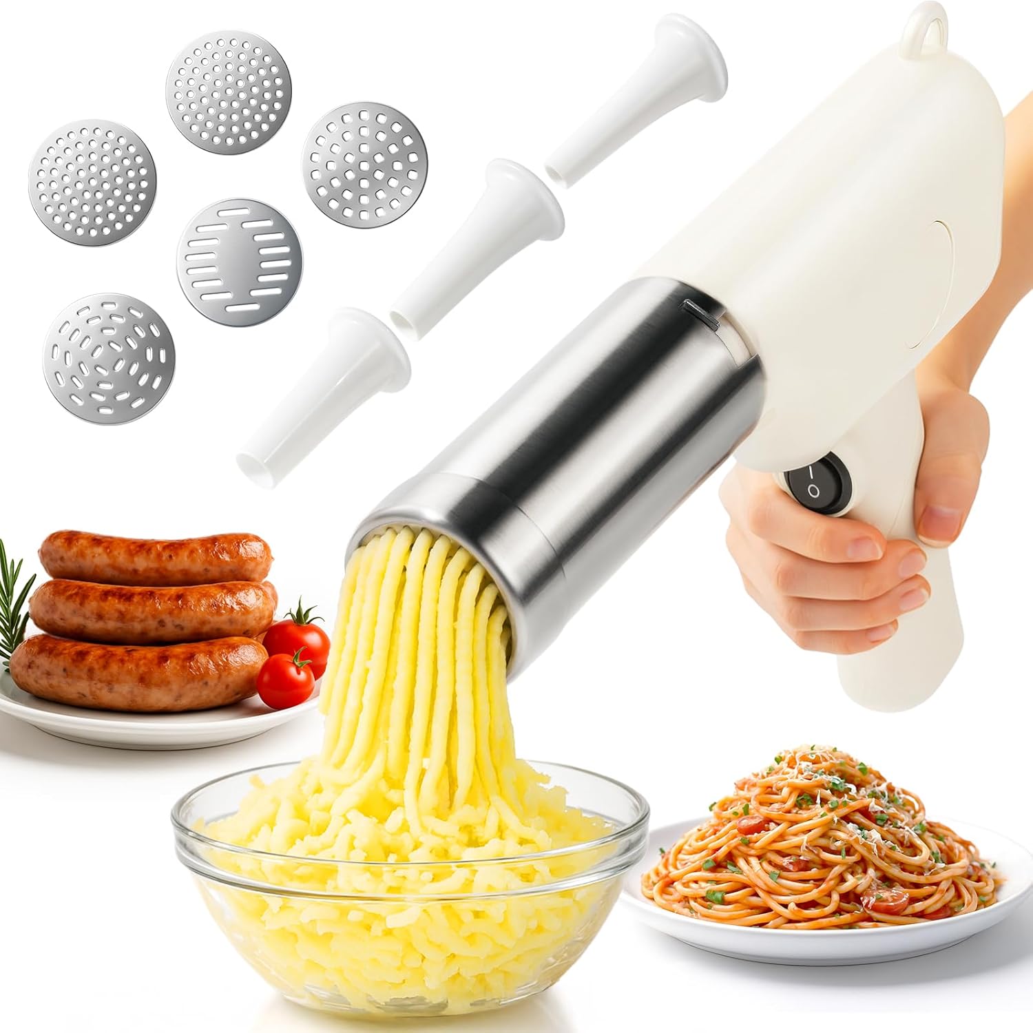 3 in 1 Electric Potato Ricer and Pasta Maker Machine, Multi Function Noodle Maker Potato Masher Sausage Maker and Stuffer for Home Kitchen, Powerful Motor Easy to Use and Clean