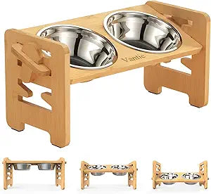Vantic Elevated Dog Bowls, Adjustable Raised Dog Bowl Stand for Small Puppy and Cats, Sturdy Bamboo Pet Food Feeder with 2 Stainless Steel Dishes, Natural