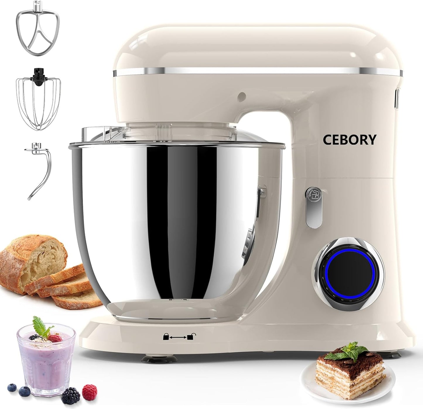 CEBORY 3-IN-1 Electric Stand Mixer, 6.5QT Bowl 660W 10-Speed Kitchen Mixer, Household Food Mixers include Dough Hook, Beater and Whisk, Bread Cake Mixer for Baking and Most Home Cooks, Almond Cream