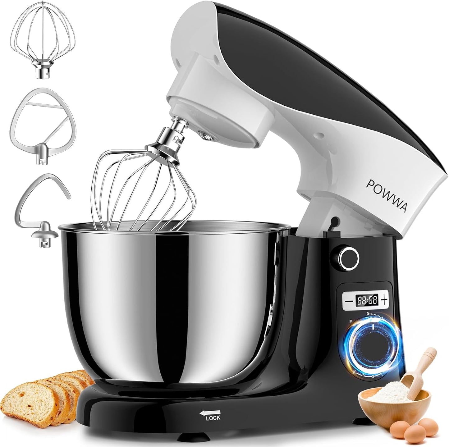 POWWA Stand Mixer, 6.5QT 10 Speeds Tilt-Head Electric Stand Mixer, 3-In-1 Kitchen Mixer with Bowl, Dough Hook, Whisk and Beater, Food Mixer for Baking and Daily Use (BLACK WHITE)