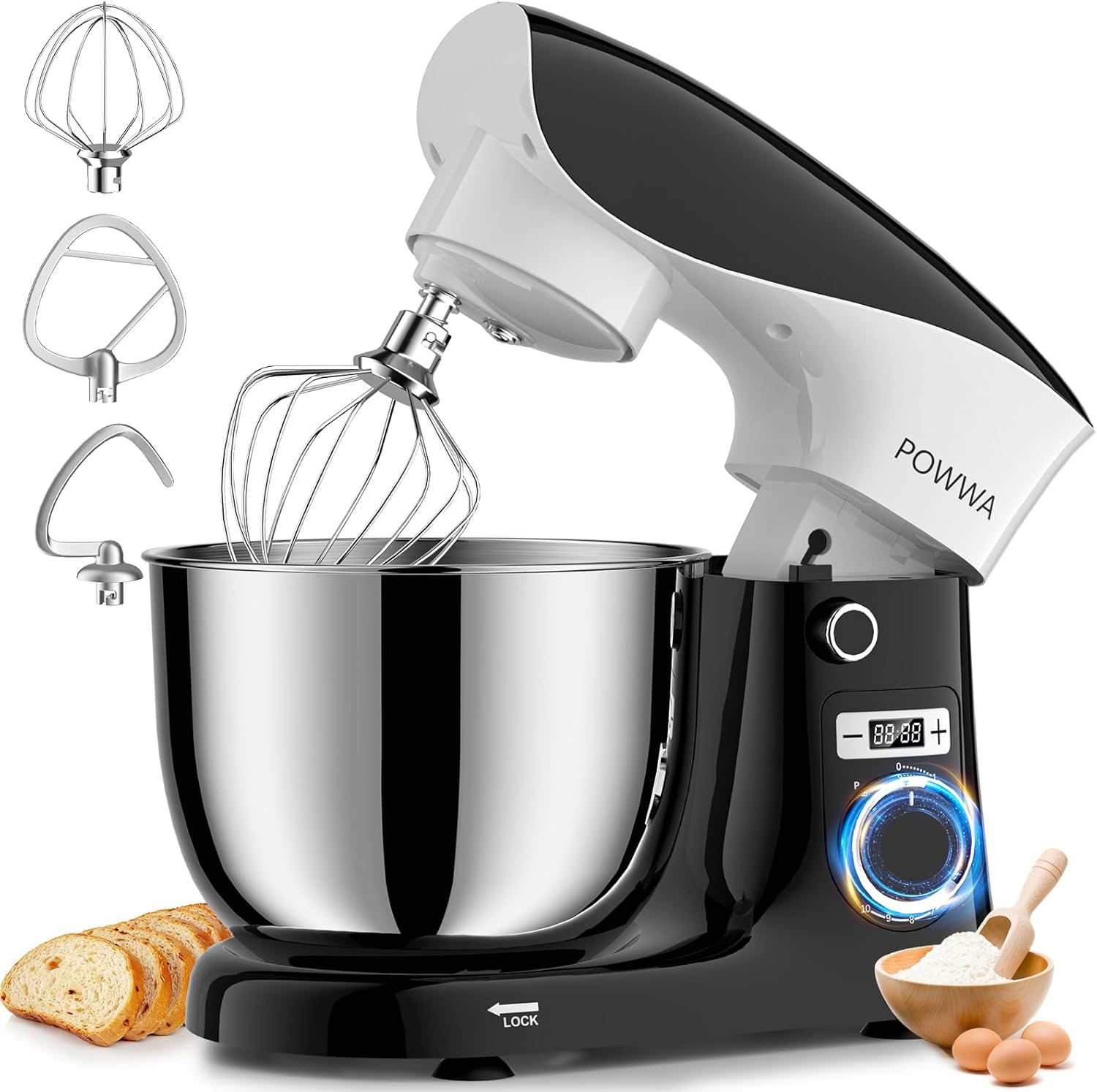 POWWA Stand Mixer, 6.5QT 10 Speeds Tilt-Head Electric Stand Mixer, 3-In-1 Kitchen Mixer with Bowl, Dough Hook, Whisk and Beater, Food Mixer for Baking and Daily Use (BLACK WHITE)