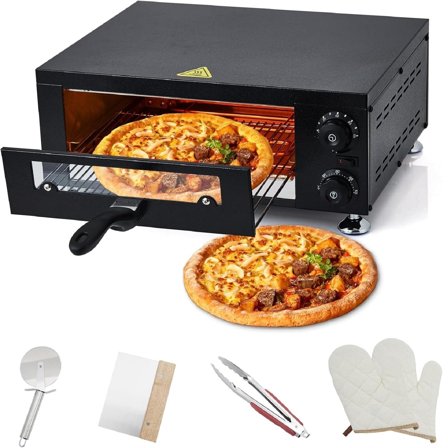 Heavy-Duty 12" Commercial Pizza Oven with visual Window，1100W Stainless Steel Chamber & Timer for Fast Food, Catering, Mall Kiosk，Countertop Electric Baking System