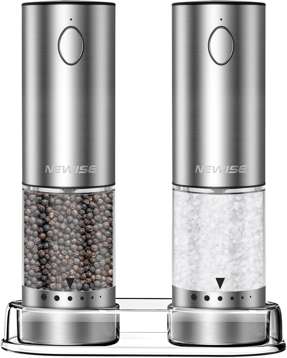 Newise Electric Salt and Pepper Grinder Set - Christmas Kitchen Gift, Rechargeable with LED Lights, Stainless Steel Automatic Mill, Adjustable Coarseness, Large Capacity, Silver