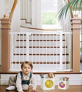 Cumbor 29.7-48" Baby Gate for Stairs, Mom's Choice Awards Winner-Dog Gates for Doorways, Auto Close Safety Pet Gate for Dogs Indoor, Easy Install Pressure Mounted Child Gate with Walk Thru Door, White