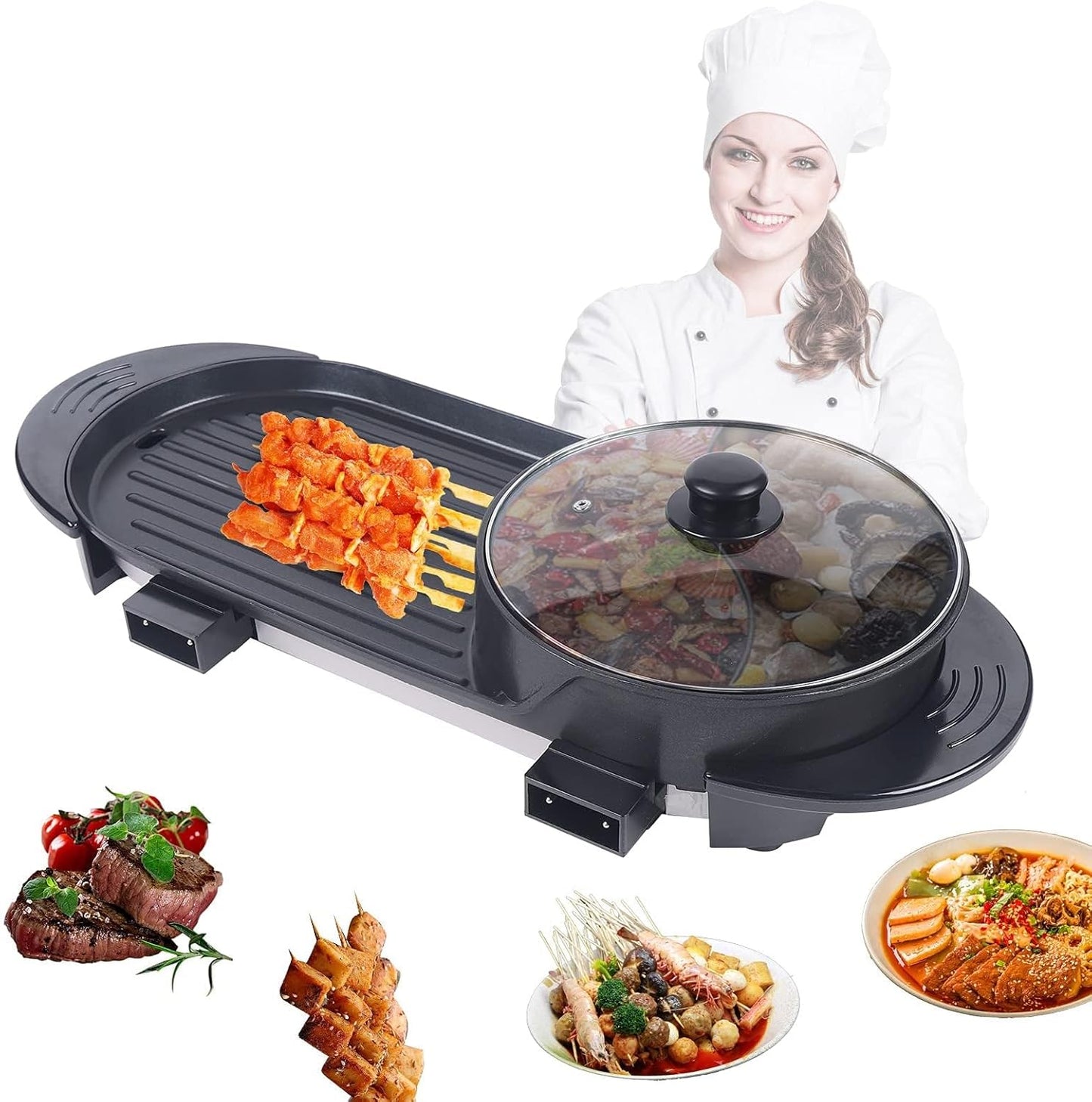 2200W Electric Hot Pot with Grill, 2 in 1 Korean BBQ Grill Indoor Hotpot Pot Electric Combo, Shabu Shabu Pots with Divider for 3-10 People, Quick Heating, Non-stick Dual Temperature Control