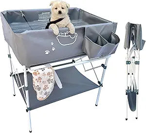 Elevated Dog Bathtub, Portable Dog Washing Station for Home with Towel Bar & Storage, Folding Pet Bath Tub for Small & Medium Dogs
