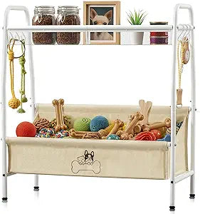 Zonon Large 2 Tier Dog Toy Organizer Basket Metal Pet Storage Bin with Collar Leash Holder Hook,Trapezoid Pet Toy Box for Food, Snacks & Accessories, Holder Chest for Dog & Cat Essential Supplies
