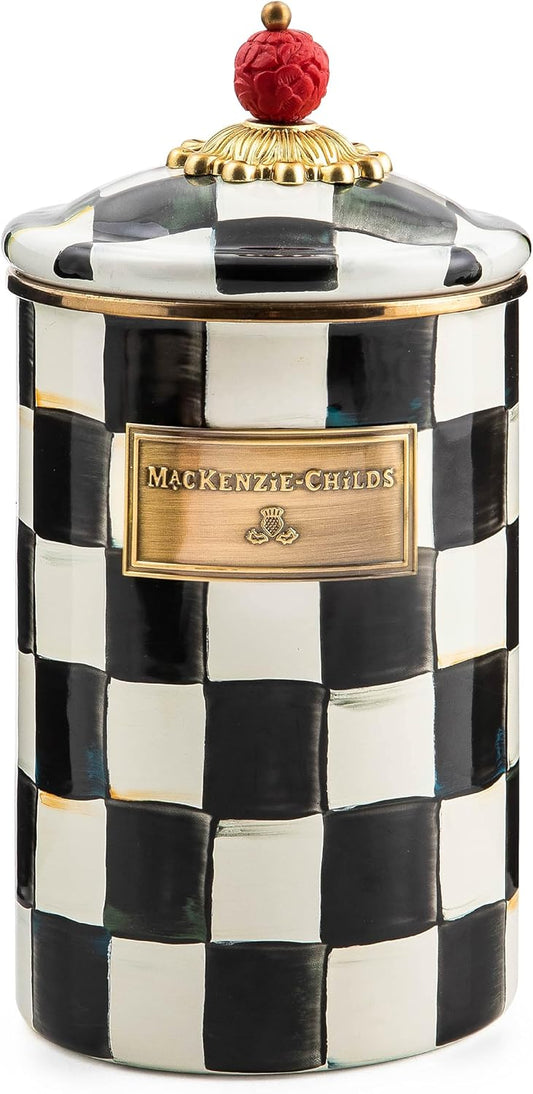 MACKENZIE-CHILDS Large Enamel Canister, Kitchen Storage Container for Flour and Sugar, 1.89 Liters, Black-and-White Courtly Check