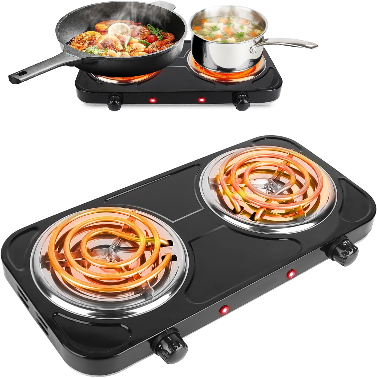 2000W Electric Hot Plate,Portable Electric Stove Countertop Double Coil Burners W\/Dual Control&5 Level Temperature Control, Easy to Clean,Lightweight Cast Iron Countertop Stove for Home Camp RV 110V